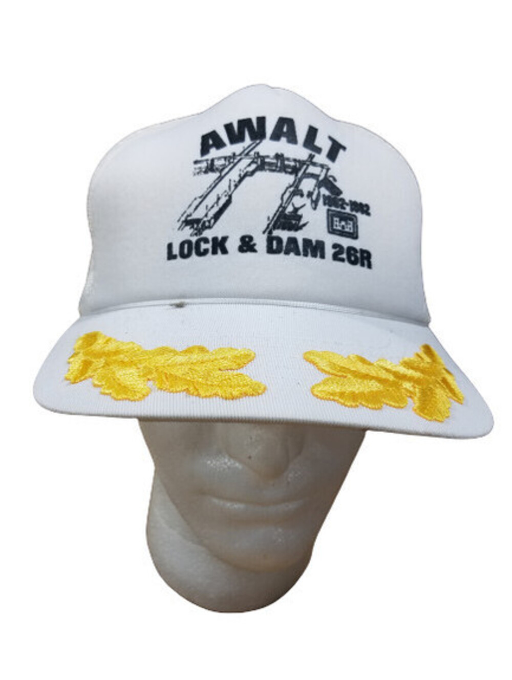Awalt Lock & Dam 26R White Trucker Hat With Oak Leafs Or Scrambled Eggs